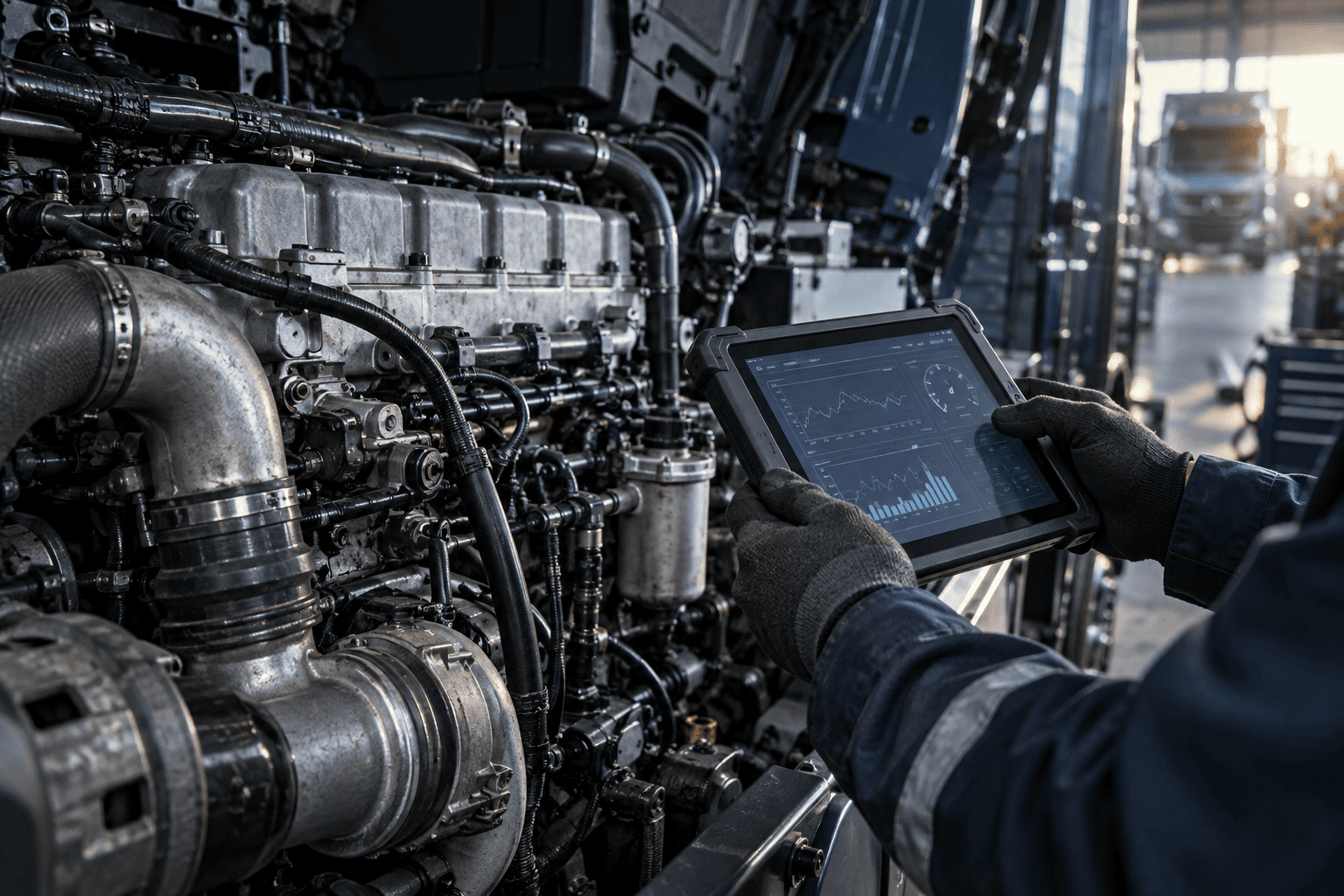 Illustrative close-up of truck engine diagnostics