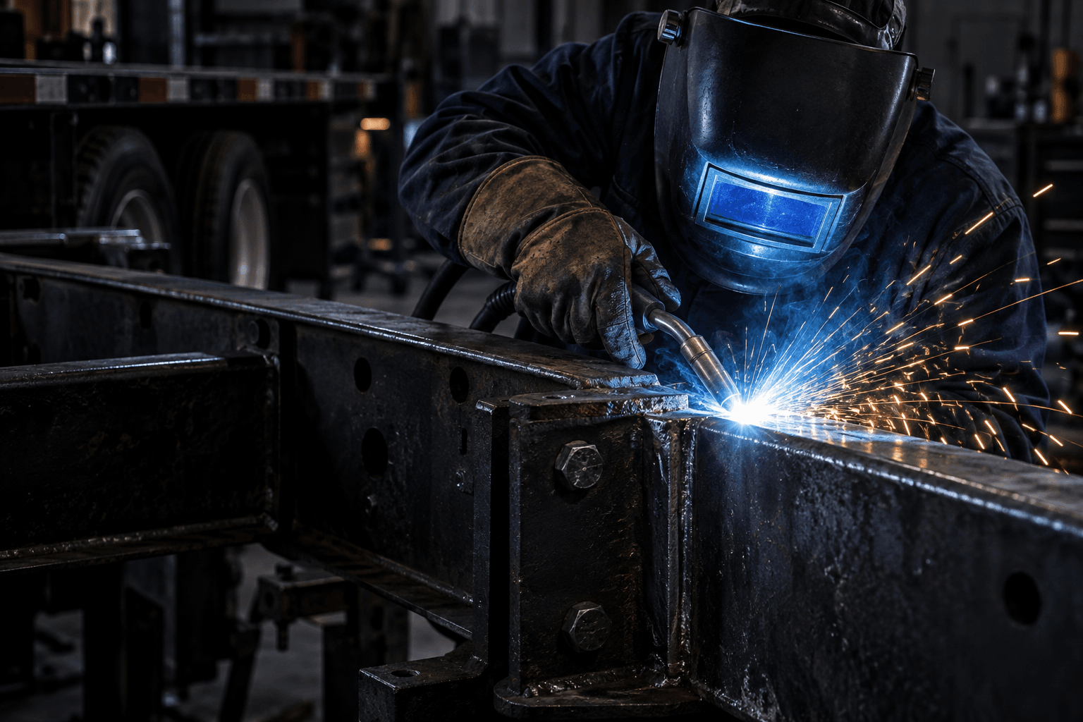 Illustrative welding work on a heavy steel trailer frame